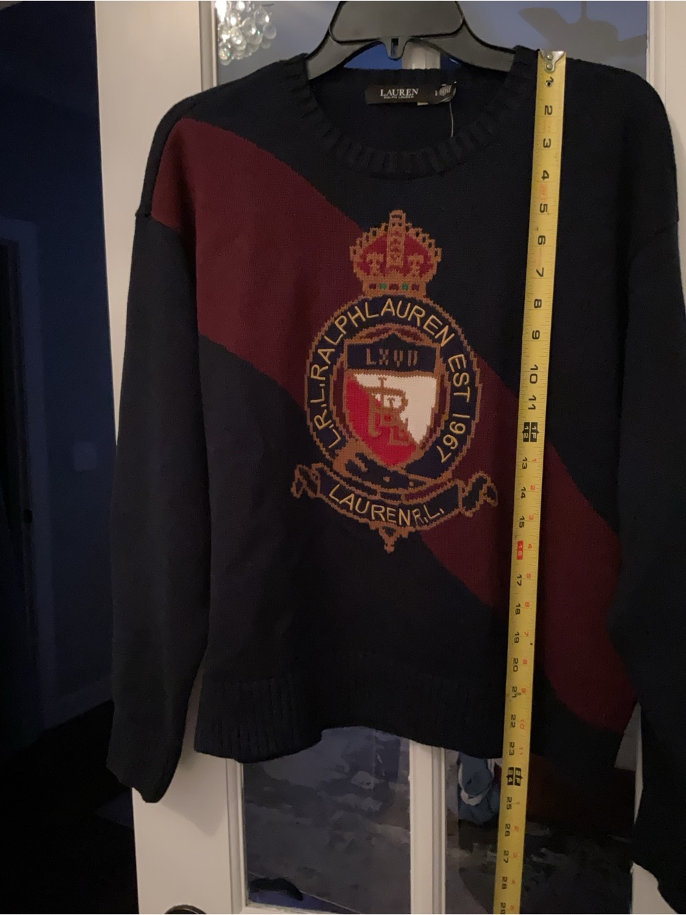 Ralph Lauren Navy Crewneck Sweater with Burgundy Diagonal Stripe & Crest - Picture 9 of 13